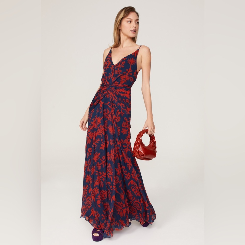 Blue and Red Sleeveless V-Neck Maxi Sundress